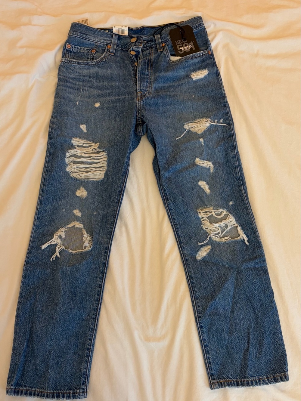 Levi's Original 501s Distressed High Rise Blue Straight Jeans
